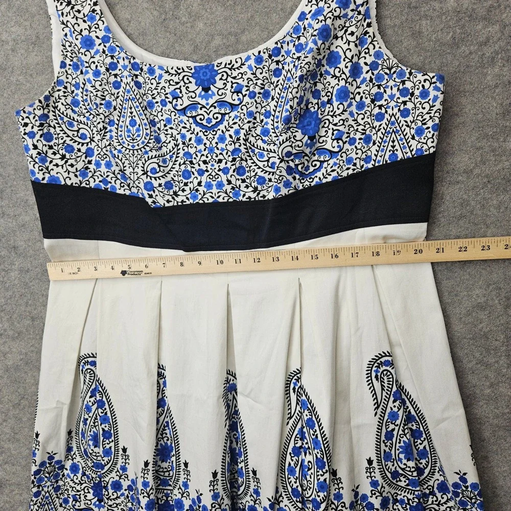 London Times Dress Womens 20W Blue White Paisley Floral Fit Flare Pleated Cotton